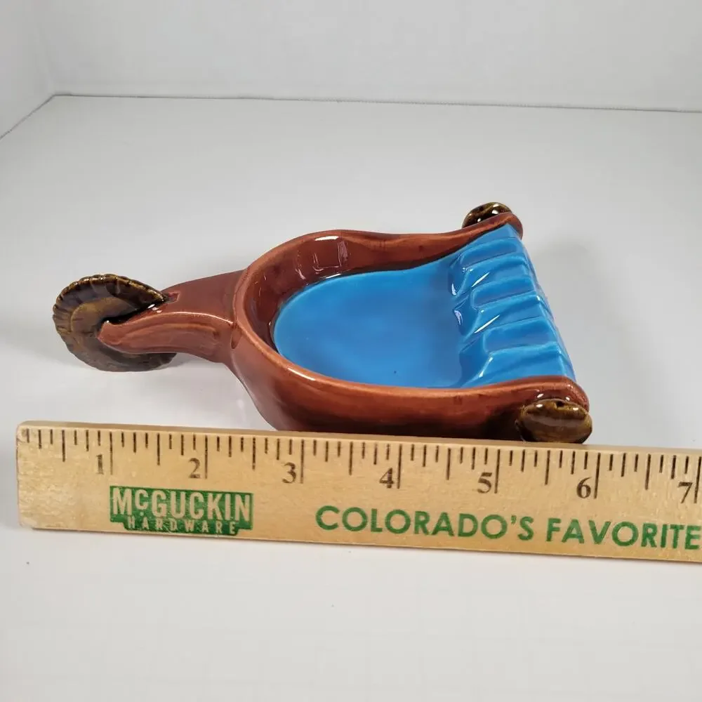 Spur Ashtray with Handle, Mid-Century Modern Farmhouse Vintage Blue and Brown